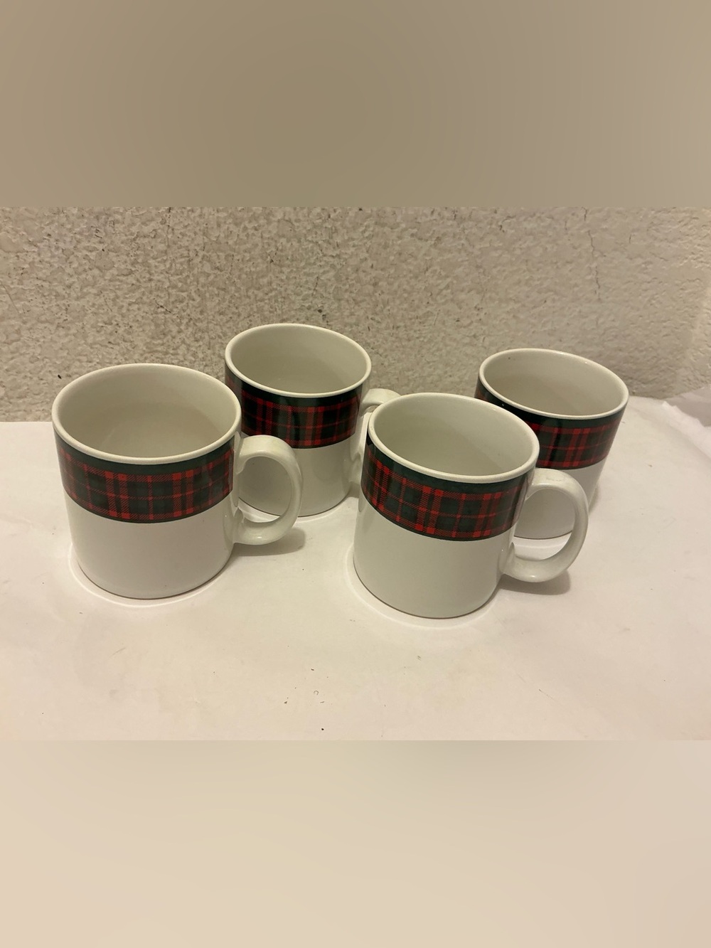 Furio White Ceramic Mugs with Red Plaid Band - Set of 4 A2